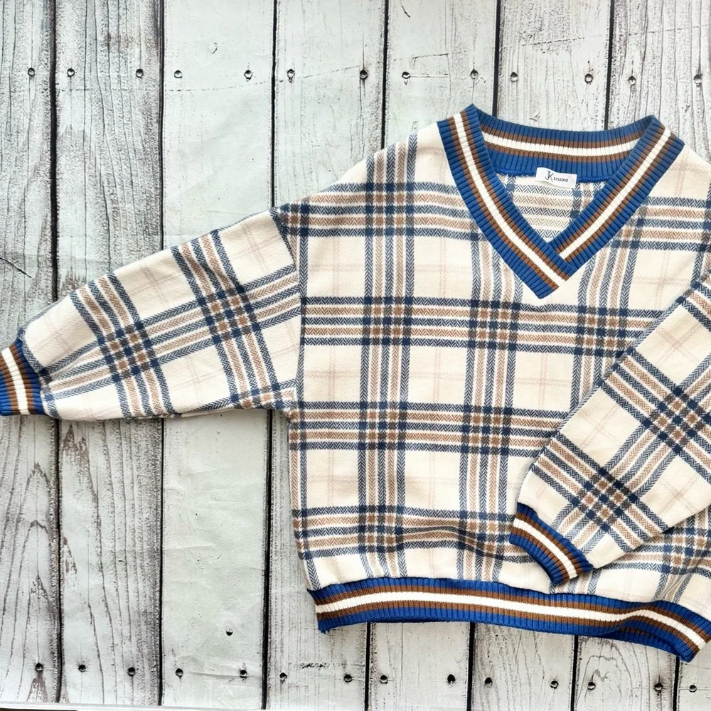 JK Studio Plaid‎ Varsity V-Neck Oversized Sweater